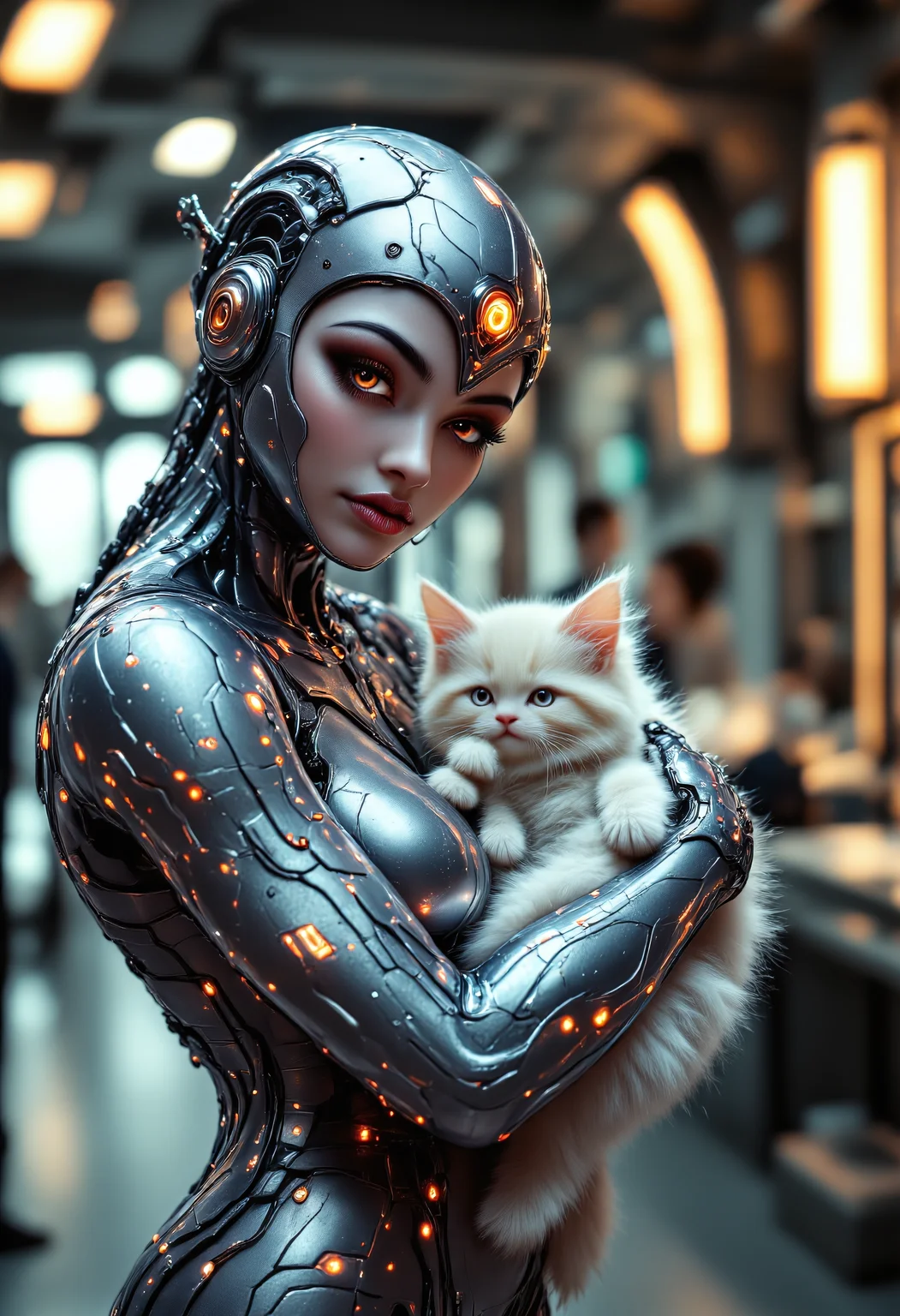 safe_pos, safe_pos, safe_pos, score_9, score_8_up, score_7_up, easynegative, Expressiveh, detailed eyes,Stable_Yogis_PDXL_Positives, ng_deepnegative_v1_75t, raw, realistic, 

The image depicts a futuristic, sci-fi scene featuring a humanoid figure with an intricate, mechanical appearance. The figure is wearing a form-fitting, ornate suit that appears to be made of a combination of metal and organic materials. The suit is adorned with glowing orange lights and intricate designs, giving it a high-tech, otherworldly look. The figure has a slender, elongated body shape with a head that is slightly larger than the torso, and the face is partially obscured by the helmet-like headgear. The headgear includes sharp, angular elements that extend outward, adding to the overall futuristic aesthetic. The figure's eyes are glowing orange, matching the lights on the suit. The figure is holding a small, white, fluffy animal that resembles a cat. The animal has large, expressive eyes that are also glowing orange, similar to the figure's eyes. The cat appears to be comfortably nestled in the figure's arms, suggesting a sense of companionship or affection between them. The background of the image is a blurred, futuristic setting with soft, ambient lighting, giving the scene a warm and inviting atmosphere. The overall composition of the image is visually striking, blending elements of science fiction and fantasy.