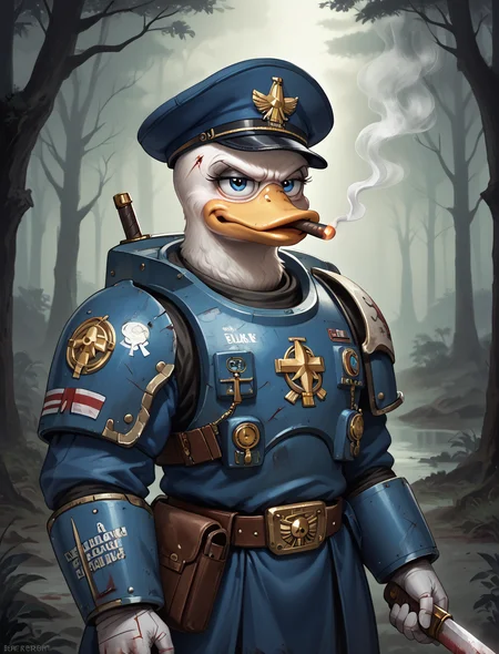lora:SDXL_neg4all xl v9.1:1>,score_9, score_8_up, score_7_up, 1duck, solo, (anthropomorphic duck:1.2), (cute eyes), annoyed, hat, (space marine armor), oversized sword, gore, cigar, smoke, grit, bulky, oversized pauldrons, sash, peace was never an option, quack you, dynamic, epic, sword on shoulder, outdoor, alien forest, (moody), (oppressive), volumetric lighting, absurdres, intricate detail, <lora:Pony DetailV2.0:1>, <lora:Pony Cold Oil Gothic:1>, detailxl