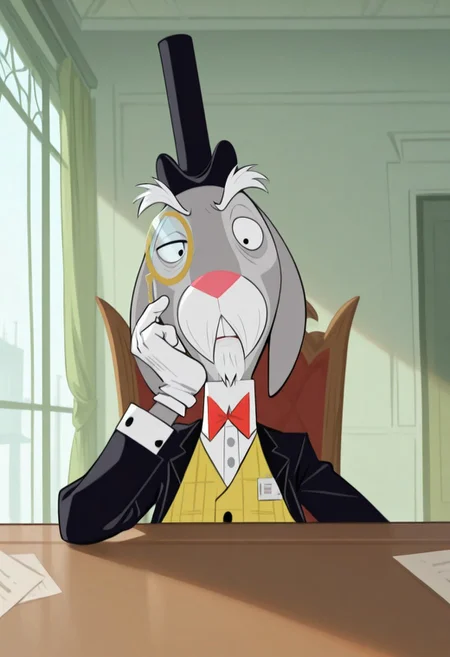 masterpiece, best quality, amazing quality, very aesthetic, absurdres, newest,  high quality, detailed, male, solo male, MrHerriman, 1boy, mature male, male, chubby, anthro, rabbit, grey fur, floppy ears, black eyes, mustache, bushy eyebrows, facial hair, tuxedo jacket, yellow vest, bow tie, top hat, monocle, formal, looking at viewer, half lidded eyes, stern expression, indoors, office, sitting at desk, half body, volumetric lighting
