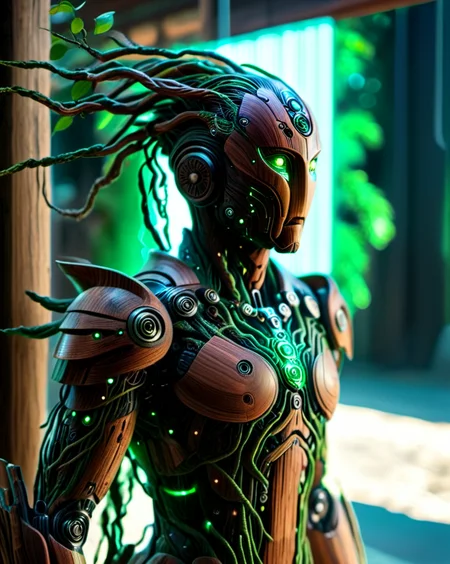 Hyperrealistic art cinematic film still photography in the style of detailed hyperrealism photoshoot, a wandering wooden android warrior that is a combination of wood and micro electronics, glowing green eyes, (his wooden body plates has electronic green glowing veins:1.3), covered in glowing roots and wires and vines, small green gems, he holds an ancient scimitar at the ready, set in an ancient traditional Japanese town, bold lines, hyper detailed, shallow depth of field, vignette, highly detailed, high budget, bokeh, cinemascope, moody, epic, gorgeous, film grain, grainy, extremely high-resolution details, photographic, realism pushed to extreme, fine texture, incredibly lifelike,<lora:sd_xl_dpo_lora_v1:1.0>, <lora:NaturePunk_SDXL:1.0>, Naturepunk, <lora:Bio-Luminescence:1> bioluminescent, glowing