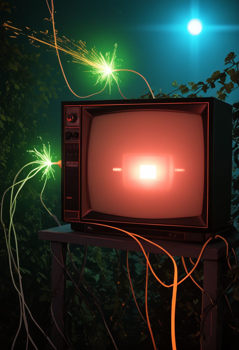 an interesting composition of (dzktxez) , we're outside and this is the end of the world and the scene is overgrown with vines and leaves ((no humans)) and there is a large stack of 1980s style ((television stack)) ((tvs))  televisions that are still turned on, electrical wiring, sparks, magic, ultra HD, realistic 8K raw photography, prismatic sci fi inspired DSLR photography,  HDR, UHD, 64K, vivid details, vibrant colors, natural lighting, volumetric lighting, bokeh,  extremely detailed, cyberpunk theme, retro futurism, 128k, world morph, zPDXL