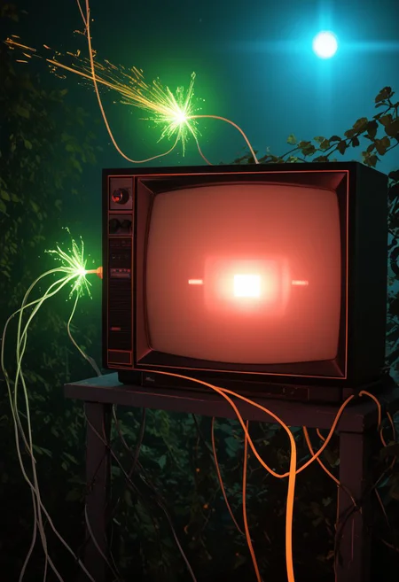 an interesting composition of (dzktxez) , we're outside and this is the end of the world and the scene is overgrown with vines and leaves ((no humans)) and there is a large stack of 1980s style ((television stack)) ((tvs)) televisions that are still turned on, electrical wiring, sparks, magic, ultra HD, realistic 8K raw photography, prismatic sci fi inspired DSLR photography, HDR, UHD, 64K, vivid details, vibrant colors, natural lighting, volumetric lighting, bokeh, extremely detailed, cyberpunk theme, retro futurism, 128k, world morph, zPDXL