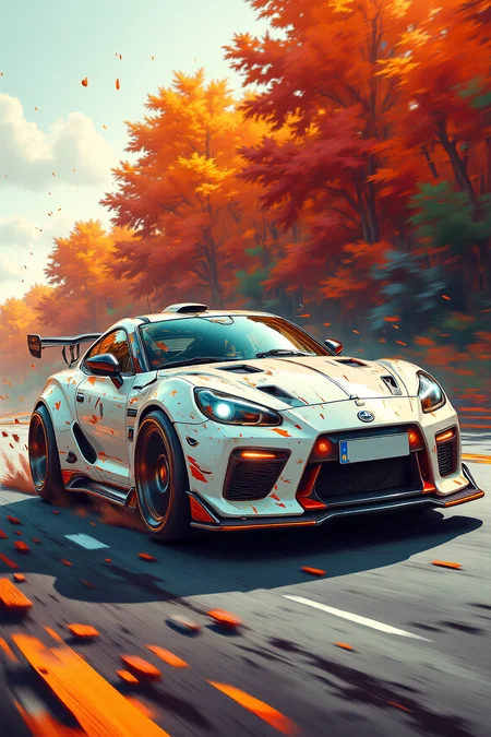 YFG-Sm0rg, YFG-Zaat, Dynamic digital illustration showcasing a modern sports car with artistic paint splashes driving along a vivid, abstract road, flanked by vibrant autumn trees and energetic brushstrokes, creating a sense of motion and excitement.