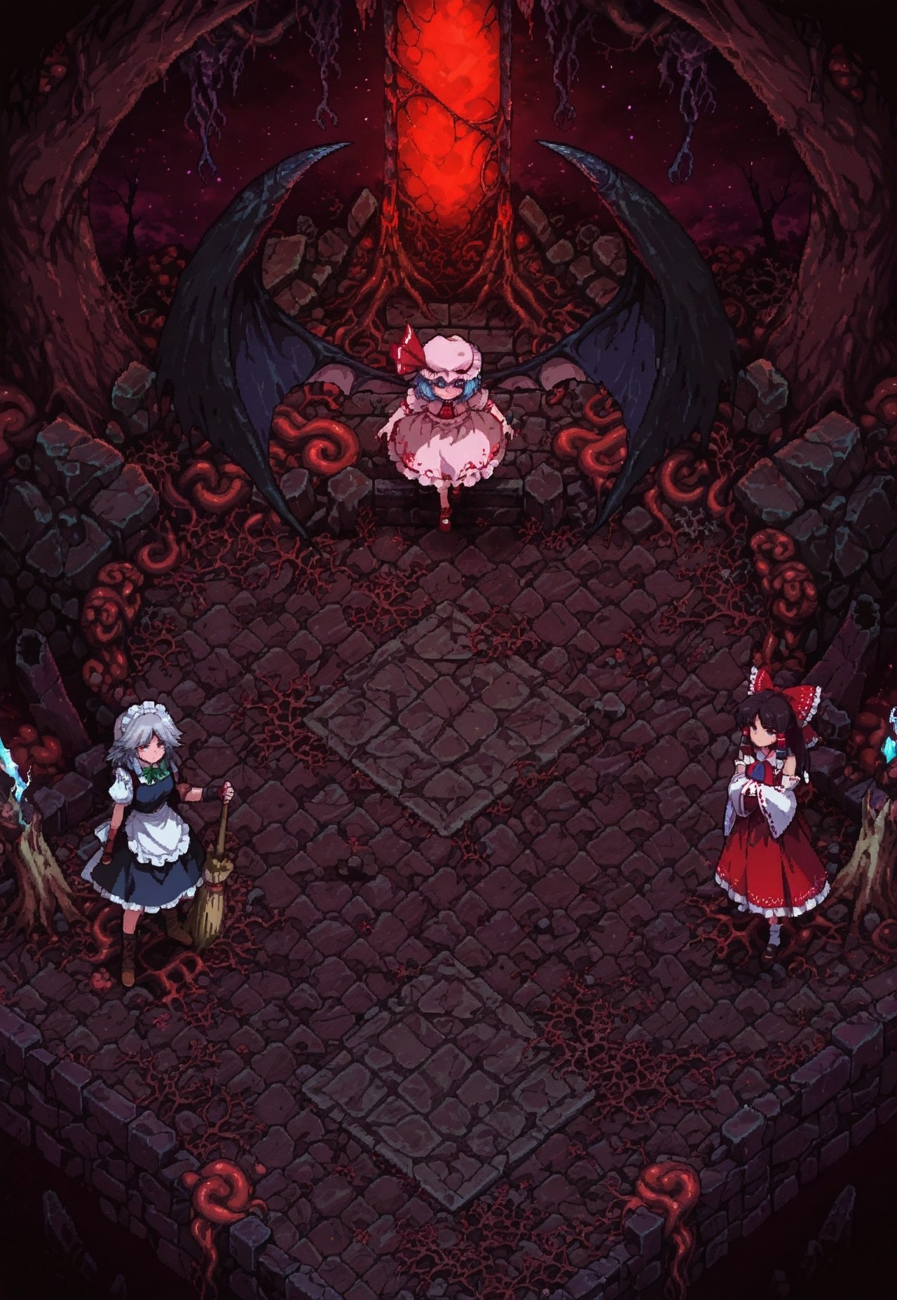 masterpiece, best quality,
sdxl_lightning_4step_lora_rank1,
isometric,patch,pixel_art, (detailed),
PARADOX PARALLAX, SCENERY, FROM ABOVE, FLESH, GROWTHS, CORRUPTION,
4girl, multiple girls, multiple different girls, 4 different girls,
(1girl, remilia scarlet, at the top, red eyes),
(1girl. sakuya izayoi, at the top, blue eyes),
(1girl. Hakurei reimu. at the bottom, black eyes),
(wide shot:1.2), long shot, depth of field,
dark_fantasy_style, dark fantasy, retro