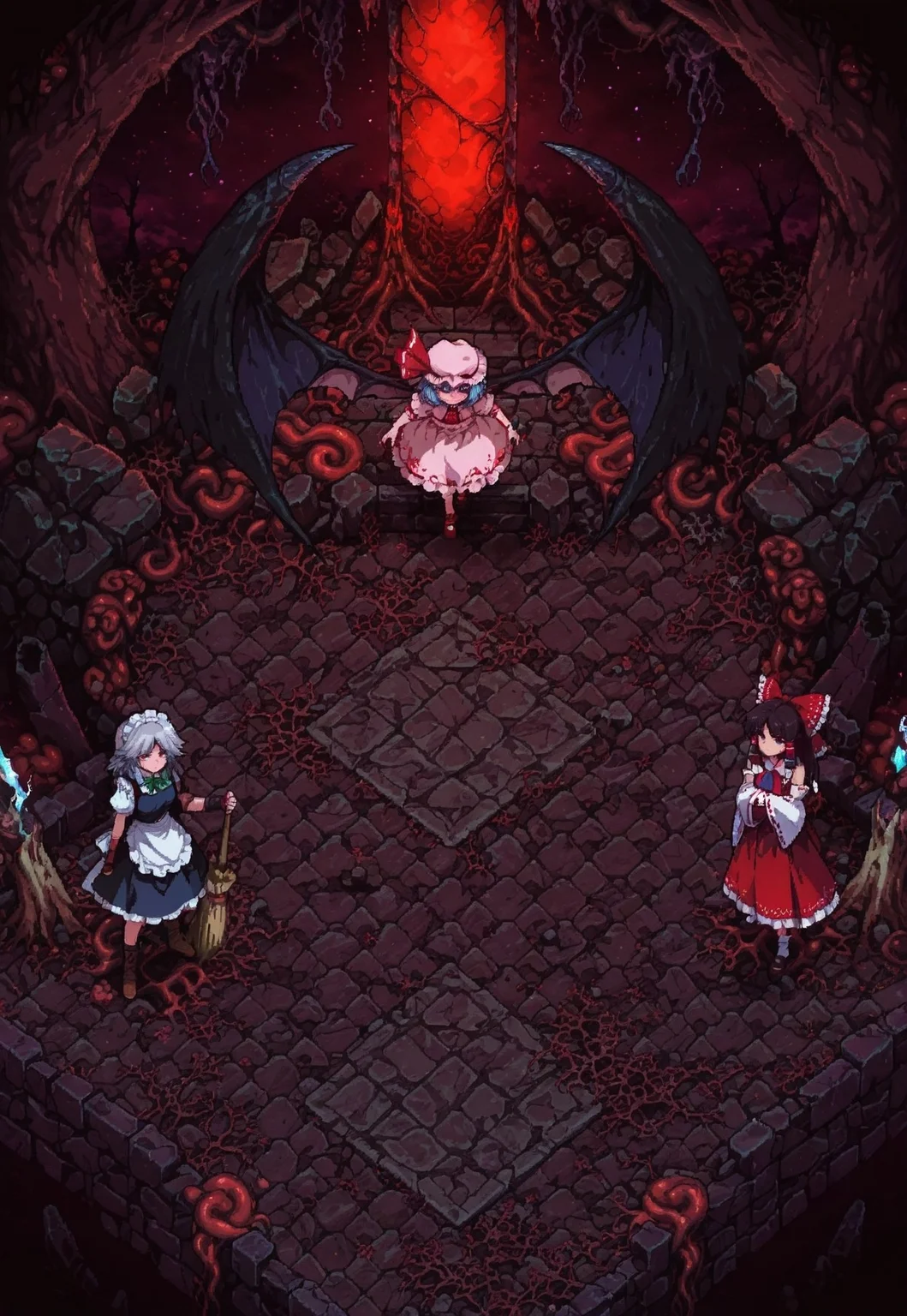 masterpiece, best quality,
sdxl_lightning_4step_lora_rank1,
isometric,patch,pixel_art, (detailed),
PARADOX PARALLAX, SCENERY, FROM ABOVE, FLESH, GROWTHS, CORRUPTION,
4girl, multiple girls, multiple different girls, 4 different girls,
(1girl, remilia scarlet, at the top, red eyes),
(1girl. sakuya izayoi, at the top, blue eyes),
(1girl. Hakurei reimu. at the bottom, black eyes),
(wide shot:1.2), long shot, depth of field,
dark_fantasy_style, dark fantasy, retro