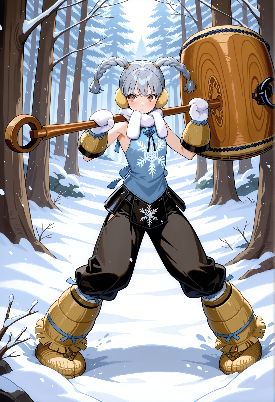 1girl, grey hair, brown eyes, twin braids, earmuffs, scarf, dudou, sleeveless, japanese armor, arm warmers, mittens,  boots, oversized footwear, snowflake print, holding weapon, mallet, outdoors, forest, snow, fighting stance, saggy pants <lora:Itsuki_Devil_Kings:1>, masterpiece, best quality, amazing quality, very aesthetic, absurdres, highres, newest