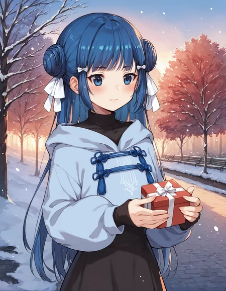 score_9, score_8_up, score_7_up, score_6_up, source_anime, detailed, solo focus, colorful, 1girl, perfect lighting, upper body, medium shot, mgrcchunmeiyui, blue hair, double bun, long hair, blue eyes, white hairpins, black turtleneck dress, blue off-shoulder cropped hoodie, outdoors, winter, snow, park, hand outstretched forward, (holding gift), embarrassed, blush, (side view:0.7), <lora:mgrcchunmeiyui_XL:0.9>
