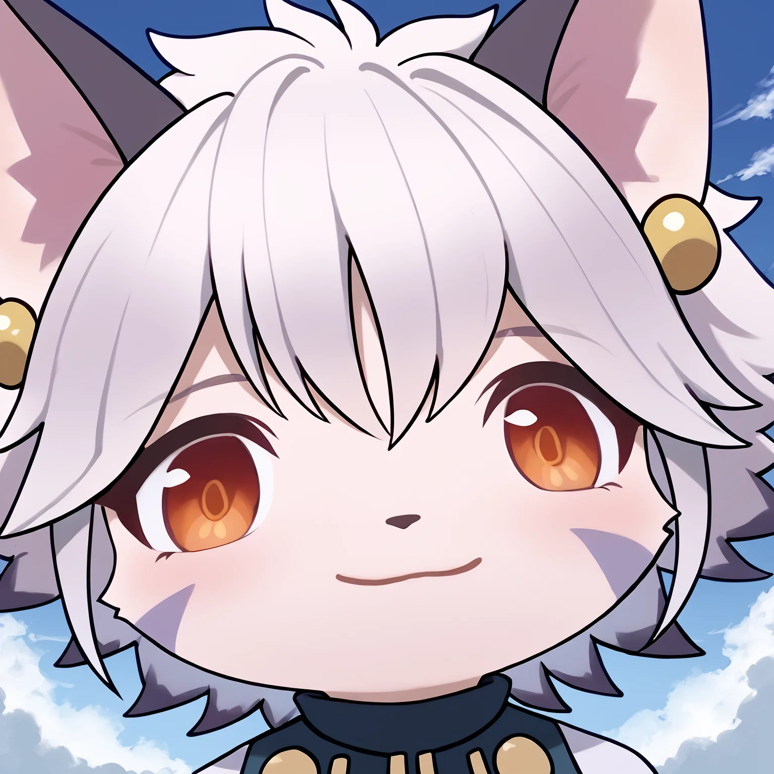 score_9, score_8_up, score_7_up, source_anime
BREAK
<lora:ElhPDXL:1>   <lora:meme_mutsukiface_ponyXL:1> elh, 1girl, solo, furry female, cat girl, mutsukiface, chibi, portrait, smile, closed mouth, close-up, red eyes, orange eyes, body fur, elhattire, cat ears, white hair, short hair, shiny hair, earrings, facial mark, animal nose, blue sky, cloud