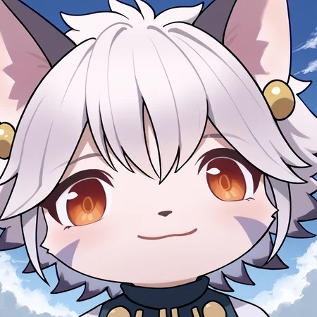 score_9, score_8_up, score_7_up, source_anime
BREAK
<lora:ElhPDXL:1> <lora:meme_mutsukiface_ponyXL:1> elh, 1girl, solo, furry female, cat girl, mutsukiface, chibi, portrait, smile, closed mouth, close-up, red eyes, orange eyes, body fur, elhattire, cat ears, white hair, short hair, shiny hair, earrings, facial mark, animal nose, blue sky, cloud