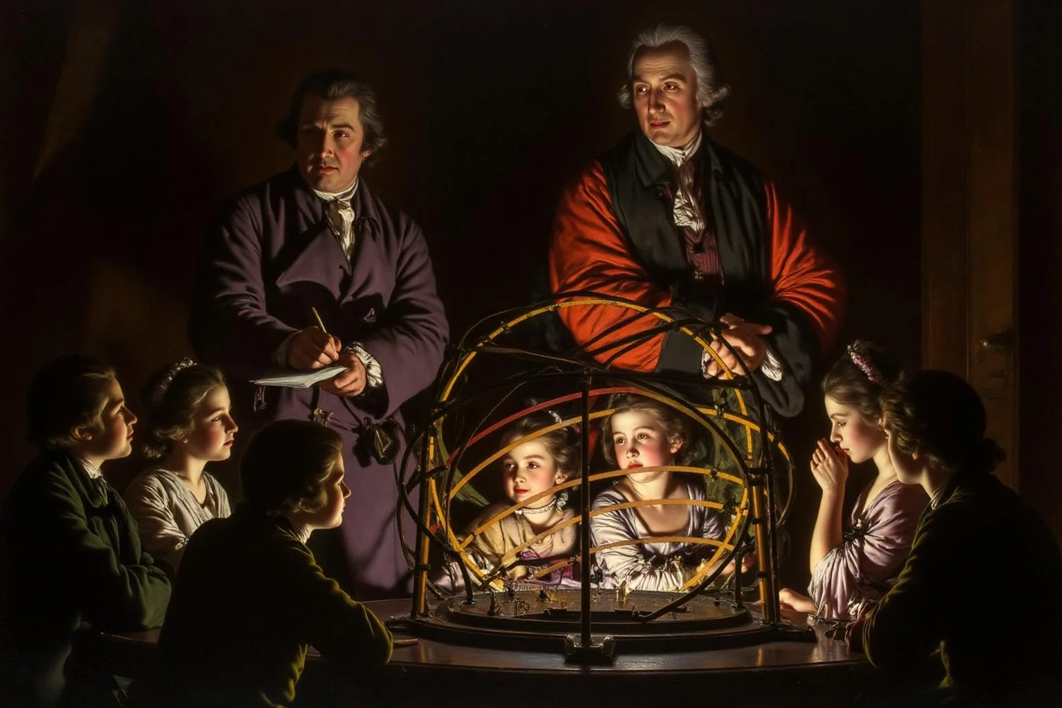 josephwright1 painting.
A historical scene features figures in 18th-century attire engaged in a scientific demonstration.
On the right, a scholar wearing a black and red robe gestures with his hand.
On the left, a man wearing a purple coat stands, writing notes.
Four children are seated around the table, looking at the model intently, their faces lit by a single light source.
<lora:josephwright1_cap_d6a3e12:1.0><lora:849102698467851411:0>