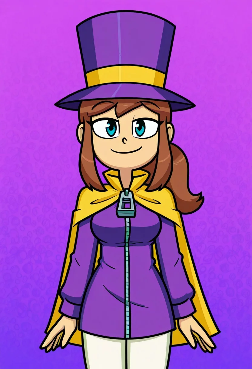 Xierra099 style, 1girl, aged up, ccgirl, brown hair, sidelocks, short ponytail, blue eyes, medium breasts, purple top hat, purple jacket, yellow cape, zipper pull tab, white pants, looking at viewer, smile, standing, cowboy shot, abstract background