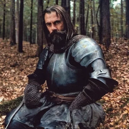 Makar, gothic armor, pale skin, upper part in frame, knight male, near the bonefire, black beard, thick beard, medieval clothing, dark clothes, long sleeves, short hair, sitting near bonefire, face with wrinkles, bruises under the eyes, night dark forest, starry sky, (((film grain))), (warm colors), 1990s fantasy art, (by Jeff Easy, by Julie Bell), solo, 1man  <lora:gothic armor:1>