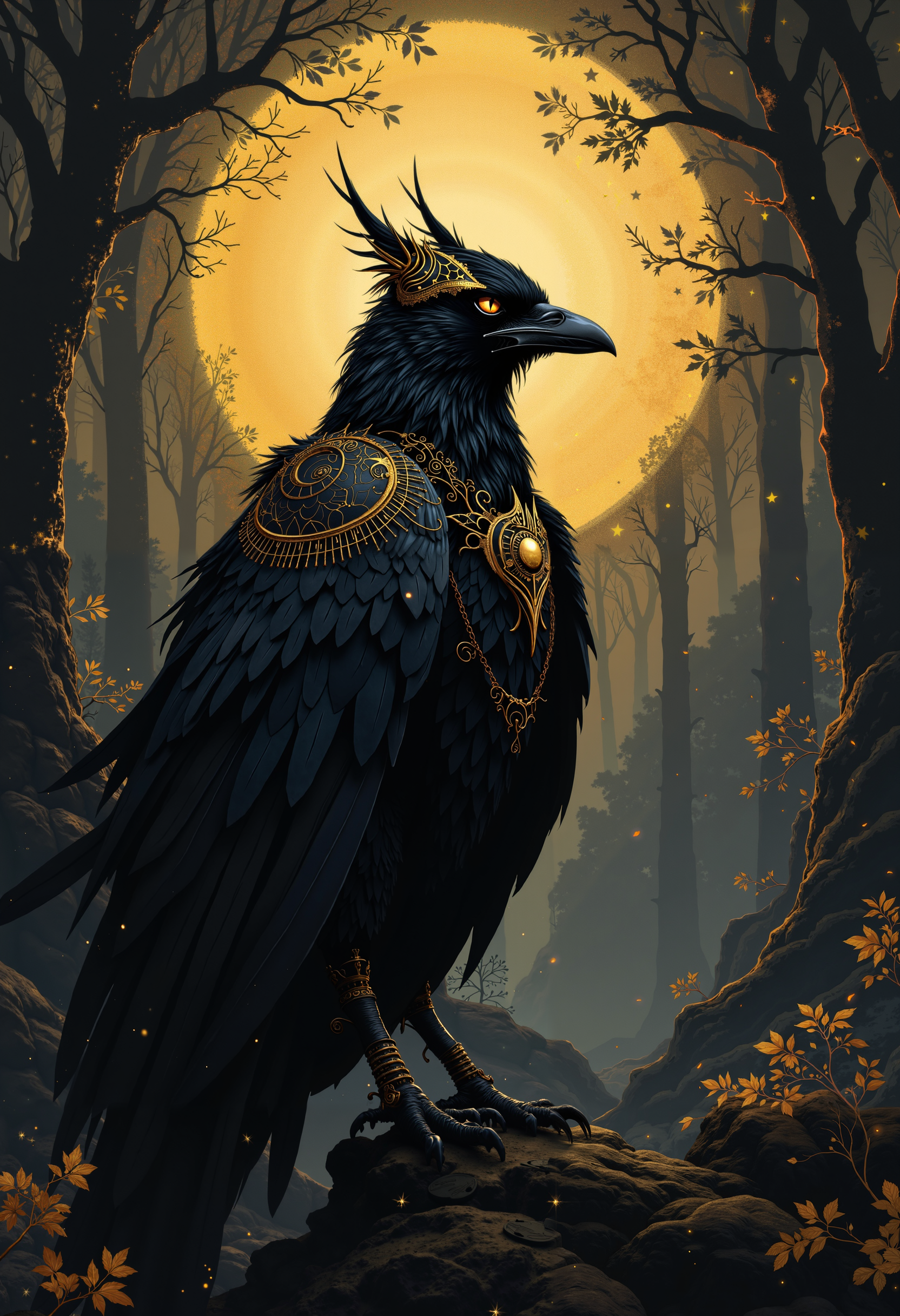 bo-golden, a majestic black raven with mystical elements in a mystical forest setting<lora:boFLUX Golden Noir Abyss.safetensors:1.0:1.0>