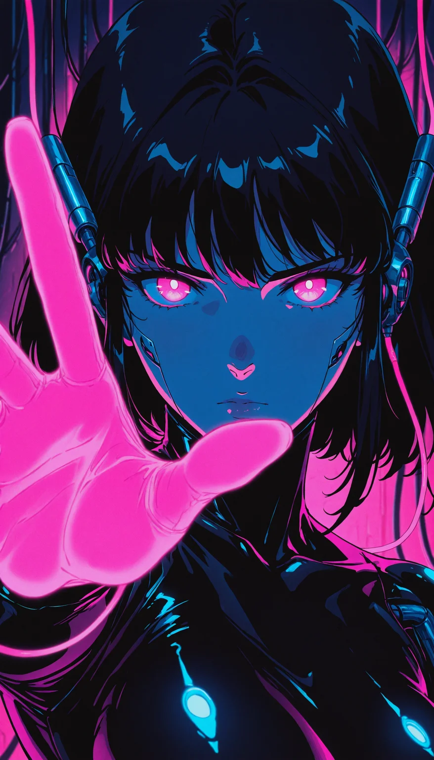 melanch0ly, retro anime, 1990s, masterpiece, best quality, absurdres, scenery, cyborg, 1girl, solo, black hair, cables connected to head, black latex bodysuit, close-up, glowing neon pink eyes, glowing neon pink hand, arm reaching out, <lora:Melancholyv2:1>, <lora:illustriousXL_stabilizer_v1.72:0.4>, <lora:NOOB_vp1_detailer_by_volnovik_v1:0.4>
