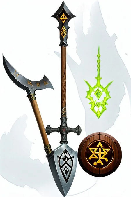 shovel,-axe hybrid, wood handed, (dark wood handle:1.1), with (glowing runes:1.2) , metal shovel head, metal spade,