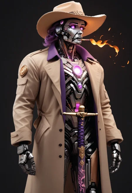 Highly detailed dark cinematic scene.
score_9, score_8_up, score_7_up, score_6_up, score_5_up, score_4_up,  realistic, concept art , 1man, solo, post apocalypse outfit, purple cape blowing in the wind, cowboy hat, robot arm, trench coat, mechanical mask, purple glowing chest, glowing eyes, holding katana, 
The atmosphere is dark yet magical, blending eerie stillness with melancholy. Bright colors and cozy highlights contrast the shadowy backdrop lined with amethysts. asdfm3cha
WORLD MORPH MATCHES, FIRE, monochrome, glow, neon, asdfm3cha