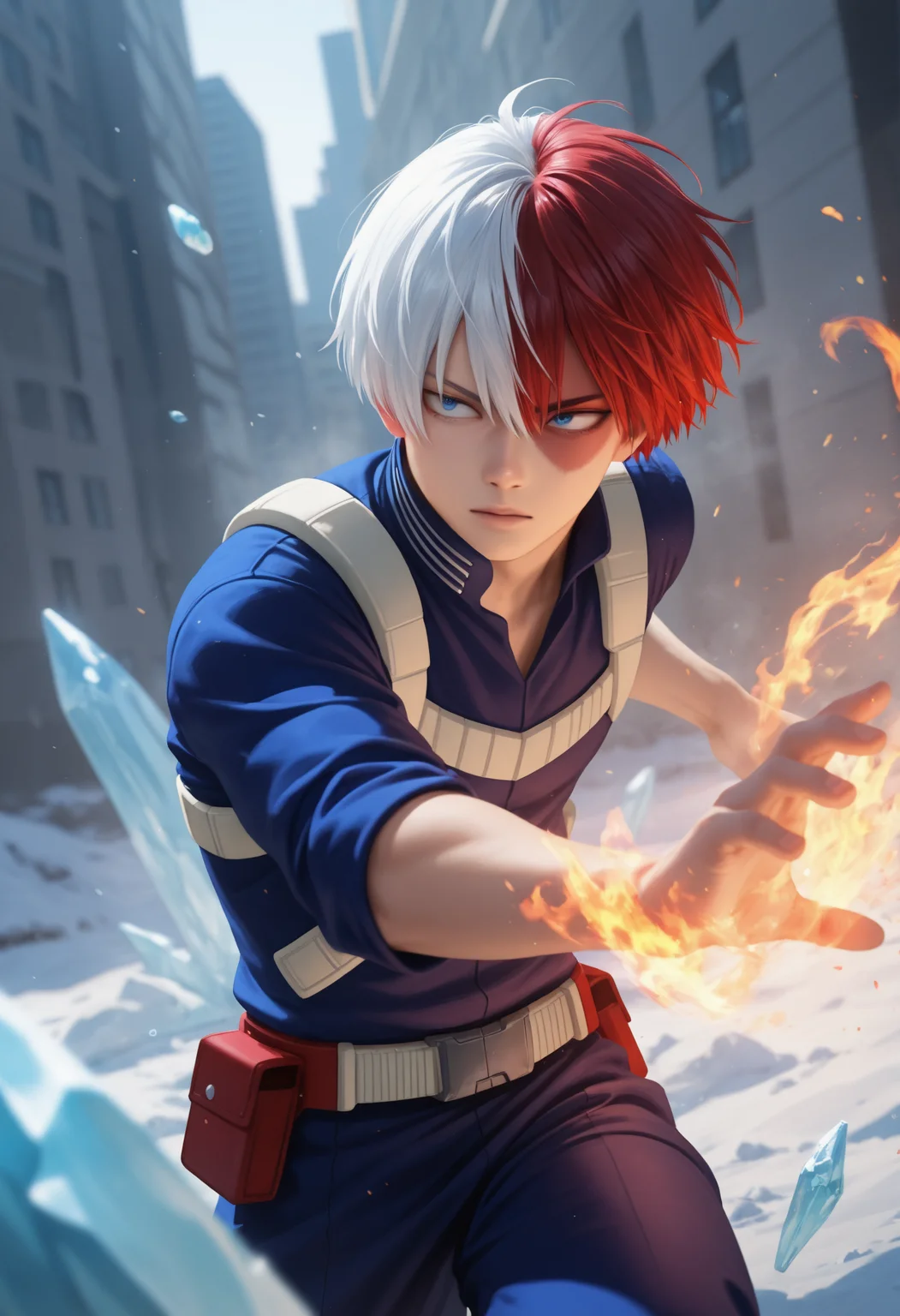 masterpiece, best quality, realistic, dynamic pose,
1boy, solo, depth of field, scenery,
todoroki_shouto, boku_no_hero_academia, 1boy, red_hair, blue_eyes,
fire, ice,