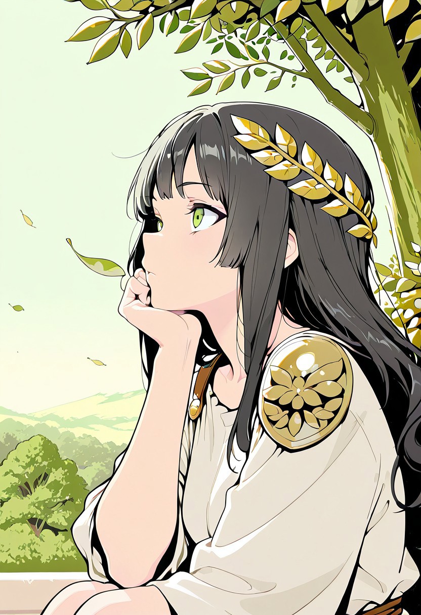 flat colors, masterpiece, best quality, amazing quality,
1girl, solo, girl, black hair, green eyes, upper body, 
 long hair, looking afar,  head rest, white Toga, bronze shoulder pins, brown string belt, green leafy laurel
balcony above the green olive tree canopy, pale green sky,outdoors, green olive trees,lit torches, falling leaves