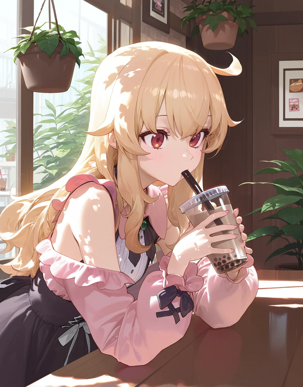 1girl, nobeta \(main\), no headwear,
jirai kei, 
cafe, bubble tea, drinking, indoors,  holding,
hanging plant, dappled sunlight, 
modare, ask \(askzy\), 
masterpiece, very awa 
<lora:char_nobeta-ill-rls:1>