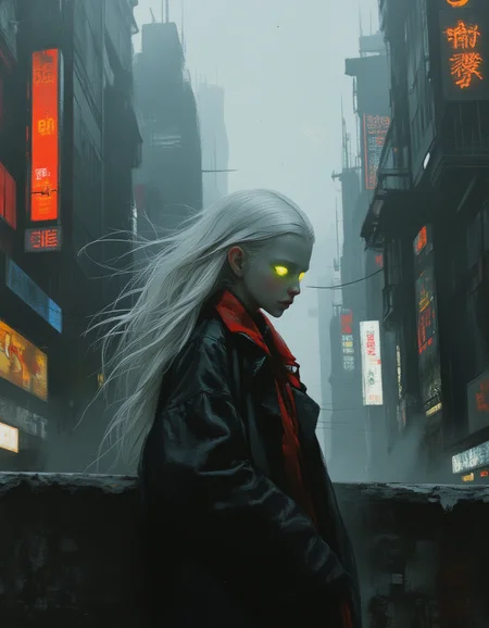 masterpiece, high quality, Oil Painting, Hyper-realistic, hyper-detailed wide-angled painting of an awkwardly beautiful tween elf girl who has a black and red robotic body. Her face is pale, almost translucent white. She has small pointed elf ears, bright glowing green eyes, and flowing white hair. Behind a large cyberpunk city full of fog, full of tall looming buildings and neon signs. She looks like a fashion model. Focus on the girl, shadow and light, Masterpiece, intricate lines, intriguing atmosphere, sharp magnificent details, delicate features, elaborate details, (2/3 rule composition:0.5), ultra detailed, romantic, Rembrandt lighting, brush stroke, lovely, del1cate_balance style, novuschroma, in the style of Rembrandt. FS, vantablack <lora:style_of_Rembrandt_FLUX_135:.8> <lora:- Flux1 - vanta_black_V2.0:.6> <lora:Delicate_Balance:.3> <lora:neeeg_f1:-1> <lora:113_novuschromaFLX_1:.3> <lora:Midjourney_Whisper_Minimal:.4> <lora:SCI_FACTOR_COREV2:.9>