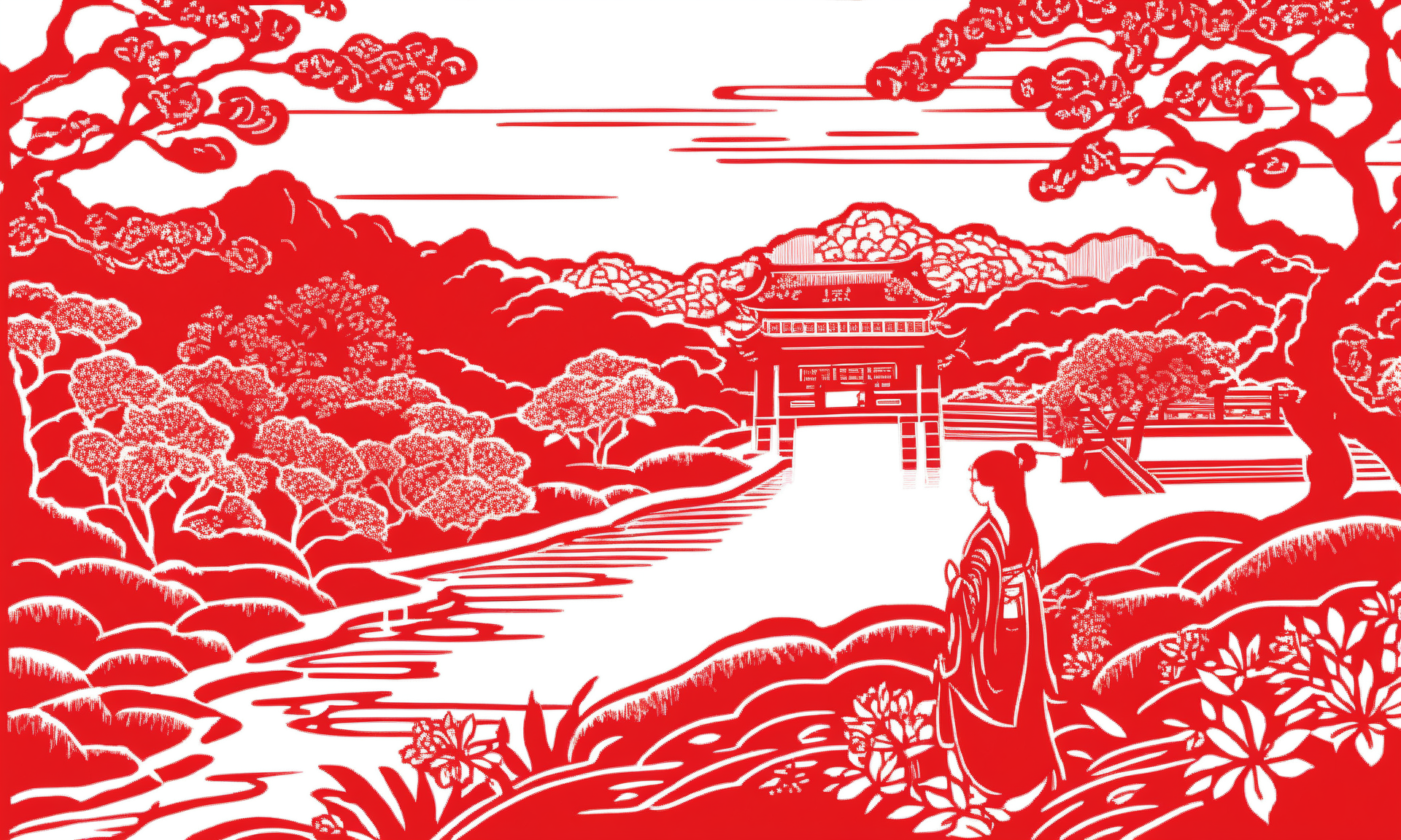 <lora:papercutcd_xl-000004:0.7>, a Chinese paper cut of a scenery, papercutcd_xl, white theme, (solo:1.2), female focus, landscape, brook, trees and flowers, (red background:1.3, Unbelievable Digital Artwork:1.3), CGSociety, ArtStation, master works, masterpiece, best quality, ultra detailed, high quality