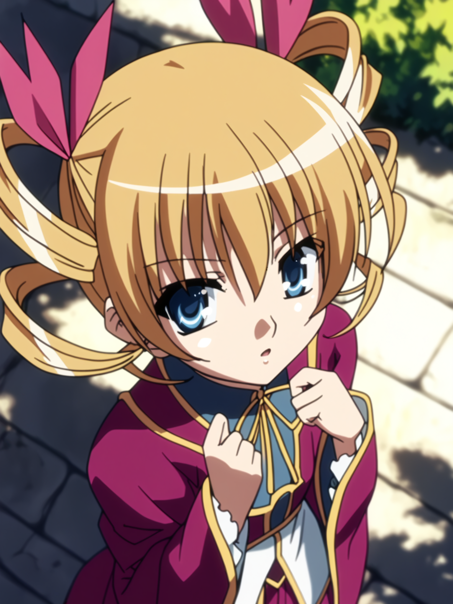 <lora:happy_tentacle-sousou-v0.4-000010:1>, ht_sousou, twin drills, hair ribbon, outdoors , cowboy shot, 1girl, (petite:1.2), solo focus, surprised, wide-eyed, (looking at viewer:1.1), backlighting, (depth of field:0.8), from above, <lora:Shed_The_Skin's StS_age_slider_v1_initial_release:-1.2>, score_9, score_8_up, score_7_up, score_6_up, score_5_up, score_4_up,
