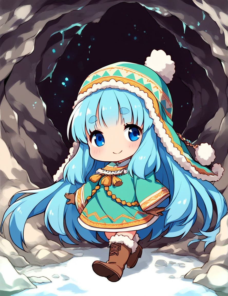 score_9, score_8_up, score_7_up, source_anime, rating_explicit, BREAK  <lora:Runemaster_XL:1>
runemaster, long hair, blue eyes,  bangs, very long hair, aqua hair, thick eyebrows, blue hair, chibi,　looking away,
1girl, solo, smile, gloves, hat, full body,  dress, boots, pom pom (clothes),   brown footwear, brown gloves, long sleeves, wide sleeves, green dress
cave,