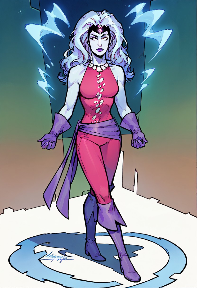 1girl, score_9, score_8_up, score_7_up, masterpiece, high quality, western cartoon, very detailed, full color picture, vibrant colors, solo, alone, 1girl,
oracle, pale blue skin, white hair, long hair, bodysuit, full body, uneven boots, purple gloves, purple boots, purple sash, white decal on suit, suit2, white necklace, black headdress, makeup, lipstick, white eyes,
standing,