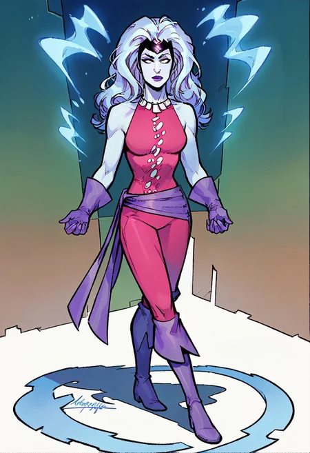 1girl, score_9, score_8_up, score_7_up, masterpiece, high quality, western cartoon, very detailed, full color picture, vibrant colors, solo, alone, 1girl,
oracle, pale blue skin, white hair, long hair, bodysuit, full body, uneven boots, purple gloves, purple boots, purple sash, white decal on suit, suit2, white necklace, black headdress, makeup, lipstick, white eyes,
standing,