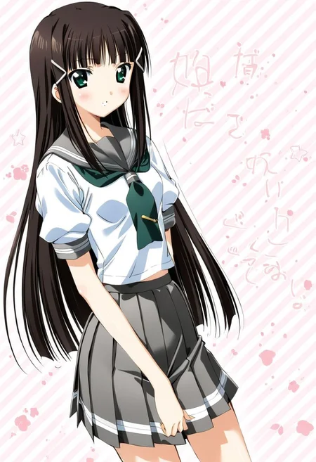 cute, kawaii, 2000s anime, moe anime, 2000s anime style, moe anime style, 1girl, solo, kurosawa dia, green eyes, hair ornament, long hair, mole under mouth, uranohoshi school uniform, short sleeves, pleated skirt, neckerchief, grey skirt, grey sailor collar, green neckerchief, (SuperQuality)