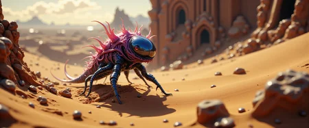 award-winning macro photo, (short depth of field:1.2), fractal art, in the unique and pizzled dunes of planet "zeplar prime", the (mysterious diminutive:1.4) "inquisitive necrolank" with its refloractive shimmering scales and (long coiled appendages:1.3) harvests moisture from the juxtaflurged air with (delicate translucent membranes:1.2), dry biome, (dappled sunlight:1.1), extremely detailed and intricate background, slaanesh touched, <lora:style-touch_of_slaanesh-warhammer_40k-flux-by_reme:0.72> <lora:style-fantastic_landscapes-flux-by_artifyai:0.56> <lora:faetastic_details-flux-by_faeia:0.6>