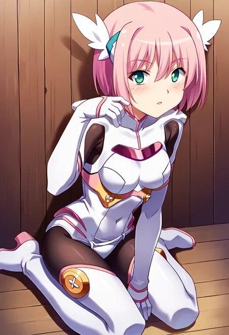 score_9, score_8_up, score_7_up, masterpiece, source_anime 1girl, ct_m0m0, aqua eyes, pink hair, short hair, hair ornament, medium breasts, bodysuit, elbow gloves, black pantyhose, white thigh boots, looking at viewer, indoors, wooden wall, hand up, sitting, facing viewer, from above, looking up,<lora:SaotomeMomo_Pony_ct_ver2:1>