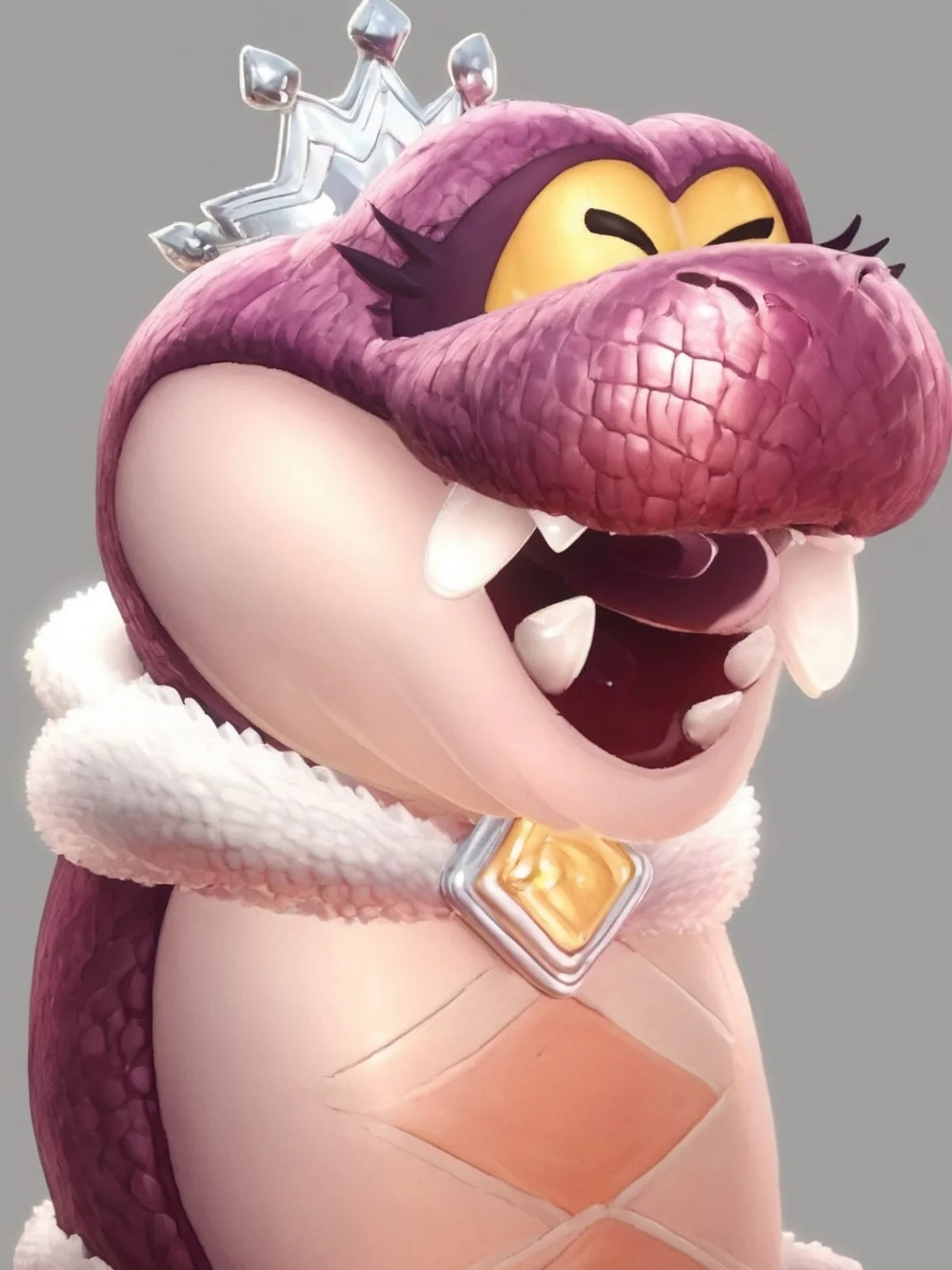 source_furry,
score_8,
score_6.
score_7,
3D,
<1girl:1.5>,
<solo:1.5>,
<simple background:1.5>,
<white background:1.5>,
queen_hisstocrat, pink_snake, no humans, grey background, solo, crown, fangs, open mouth, closed eyes, simple background, pokemon (creature), fur trim, tongue, smile,
<lora:Queen_Hisstocrat-PonySDXL:1> queen_hisstocrat,
<lora:Pony_DetailV2.0:1>,, sitting,
chair,
legs crossed,