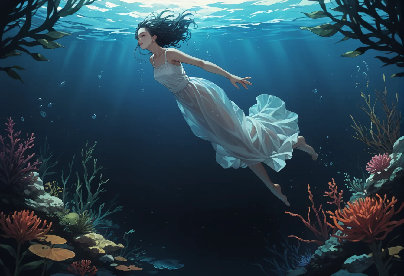 ,ruanyi0778,submerged,underwater,plant,glowing,<lora:0778 submerged_v1_pony:1>, score_9,score_8_up,score_7_up,,8k,1girl,solo,