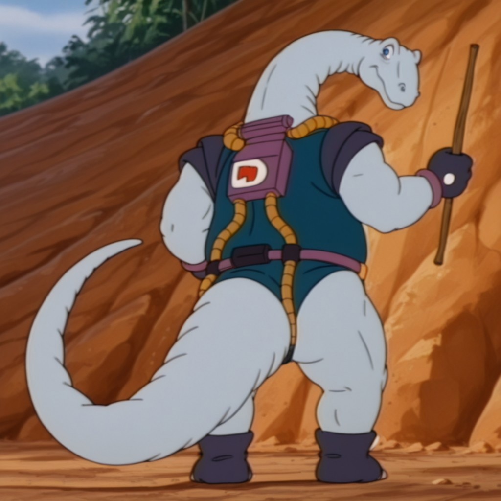 masterpiece, best quality, amazing quality, BrontoDsil, anthro, male, brontosaurus, light blue skin, blue eyes, long neck, blue bodysuit, purple trim, short sleeves, dark blue sleeves, dark blue gloves, purple wristband, dark blue boots, outside, standing, from behind, looking back, tail, solo, 1boy, full body,  bare legs
