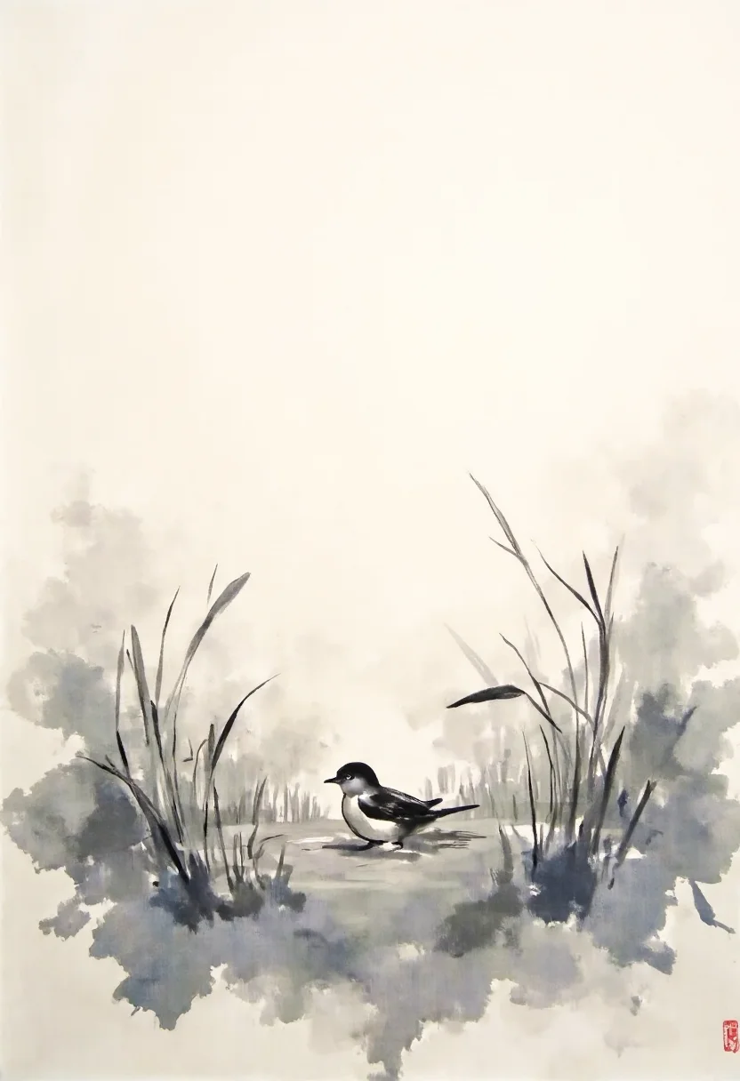 Japanese Sumi-e ink wash painting, minimalist and evocative, a small bird of cloud rests within a field of cotton grass. Limited palette of blacks, grays, and creams, with sparse brushstrokes conveying a sense of tranquility and simplicity. Empty space is as important as the subject, embodying Zen aesthetics. ,<lora:flux/fav/ssf-4bstr4ct-v2.safetensors:1.0:1.0>