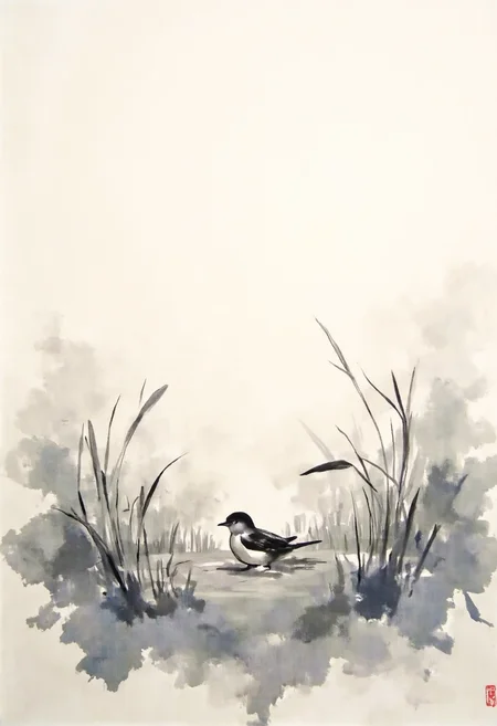 Japanese Sumi-e ink wash painting, minimalist and evocative, a small bird of cloud rests within a field of cotton grass. Limited palette of blacks, grays, and creams, with sparse brushstrokes conveying a sense of tranquility and simplicity. Empty space is as important as the subject, embodying Zen aesthetics. ,<lora:flux/fav/ssf-4bstr4ct-v2.safetensors:1.0:1.0>