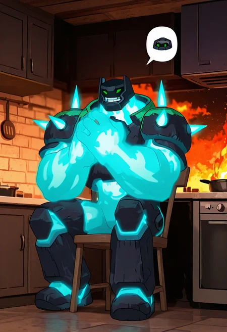 masterpiece, best quality, amazing quality, very aesthetic, absurdres, newest, , detailed background,
movie scene, cinematic scene, cinematic, foreground blur, depth of field,
shckrck, glowing, shoulder spikes, green eyes, helmet, neon trim, blue fire, big arms, massive arms, blue arms, no humans,
in kitchen, sitting on chair, fire background, speech bubble, burning house, teeth, smile,