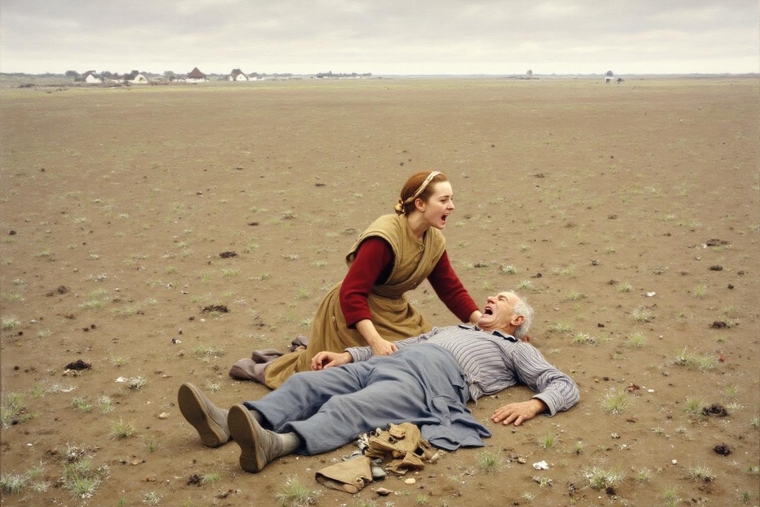 hansandersenbrendekilde1 painting. 
An elderly man lies on his back on the ground in a sandy landscape, wearing a blue outfit and striped shirt. A woman in a red and beige outfit kneels beside him, yelling and crying for help. The background features a field with sparse vegetation and small conical huts. <lora:hansandersenbrendekilde1_cap_d8a4e11:1.0><lora:855168463600101034:0>