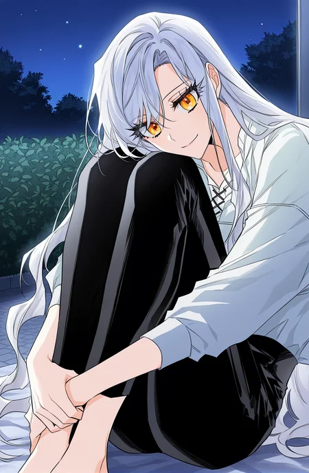 <lora:Sigrid__Sigrid__Illustrious v2:1>
Sigrid, 1girl, solo, long white hair, golden eyes, white blouse, black pants, casual outfit, beautiful, relaxed pose, slim athletic body, flowing hair, sigrid_white_casual_outfit
score_9, score_8_up, score_7_up, very aesthetic, source_anime, detailed, high quality, beautiful, detailed eyes, masterpiece, best quality, absurdres, perfect anatomy, 1girl, solo, hugging your own legs, sitting, garden background, charming smile, night