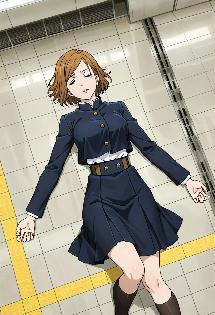 masterpiece, best quality, absurdres, highres, detailed background, <lora:hyperSD8:1>,
<lora:KUGISAKI_NOBARA:0.8> 1girl, solo, kugisaki nobara,lying, closed eyes, defeat, expressionless, on floor, train station, parted lips, from above,