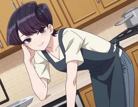 score_9, score_8_up, score_7_up, source_anime,
shuukokomi, <lora:shuuko-komi-s1s2-ponyxl-lora-nochekaiser:1>,
shuuko komi, short hair, black hair, black eyes, half-closed eyes,
shirt, white shirt, short sleeves, pants, apron, denim, jeans, blue apron,
indoors, kitchen, bent over, smile,
looking at viewer, cowboy shot, dutch angle, solo,