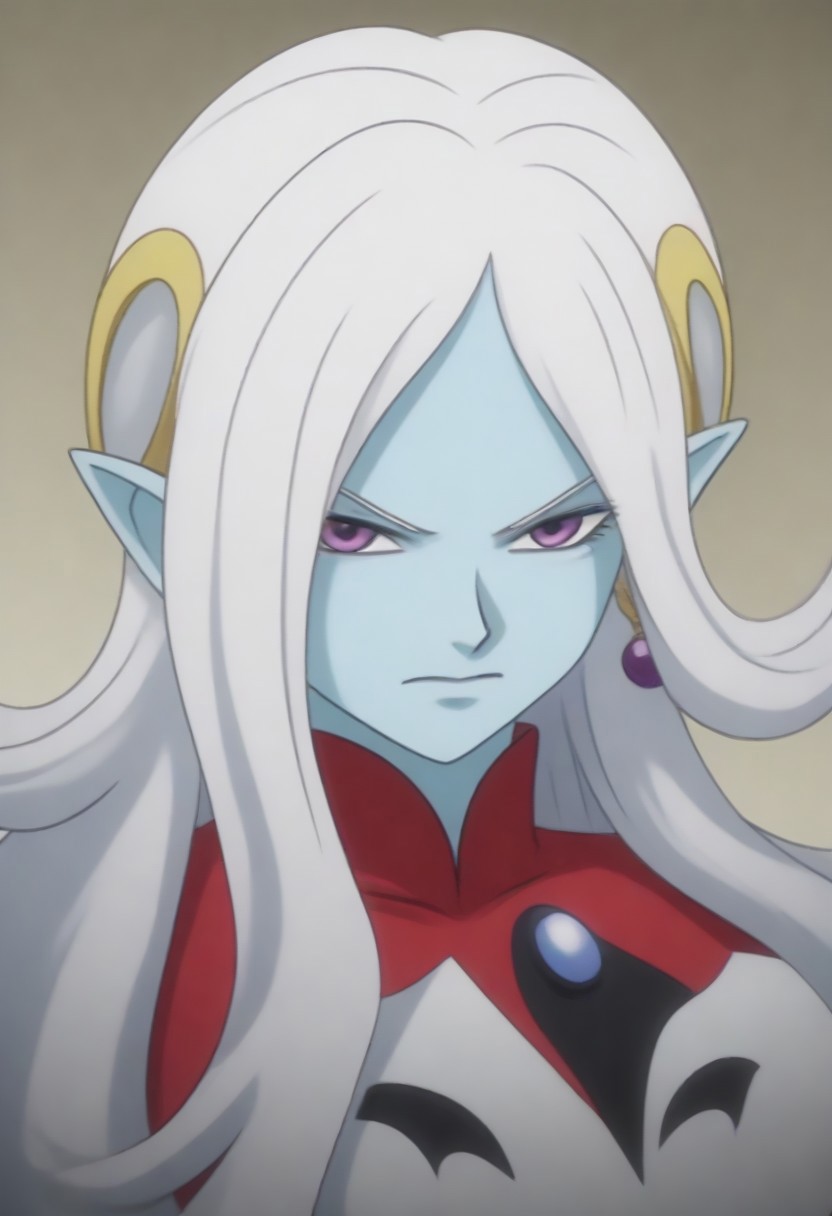 Masterpiece, Top Quality, source_anime, anime screencap, source_anime, auratheguillotine, anime screencap, masterpiece, source_anime, shiny skin,,,,towa(dragon ball), pointy ears, colored skin, blue skin, long hair, purple eyes,white hair, hair ornament, jewelry,