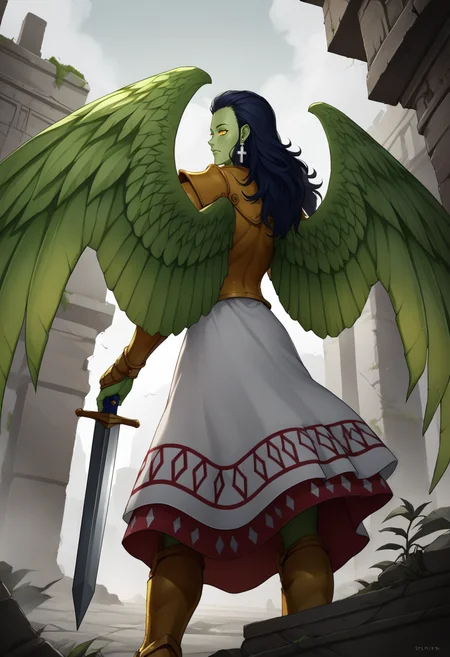 score_9, score_8_up, score_7_up, source_anime, BREAK 1girl, from behind, looking back, holding sword, <lora:GabrielSMT-pdxl:1> gabySMT, long hair, green skin, yellow eyes, colored sclera, empty eyes, cross earrings, green wings, armor, dress, armored boots, outdoors, ruins, overcast