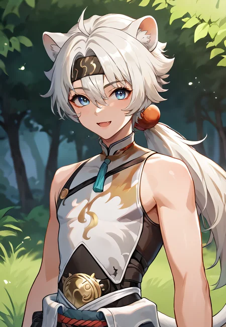 score_9, score_8_up, score_7_up, all in one, masterpiece, best quality, lots of details, (1boy:1.3), male focus, (narrow waist:1.5), <lora:sdxl_lightning_8step_lora:0.75> , closed mouth, shaded, detailed shading, detailed skin, shaded skin, realistic shading, looking at viewer, countershading:1.1, outdoors, <lora:add-detail-xl:0.7>, <lora:Smooth Anime 2 Style SDXL_LoRA_Pony Diffusion V6 XL:0.65>, , , , sloppy open mouth, cute smile, , hair between eyes, <lora:lingyang-08:0.55>, (lingyang:1.3), ponytail, blue eyes, tail, animal ears, (default outfit:1.3), (upper body:1.2), headband,