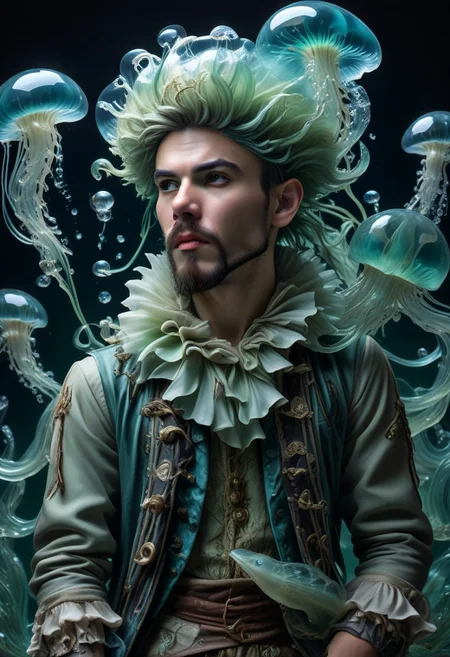 long mid shot portrait photography of an ethereal young  pirate man, fairytale aesthetic. light green sheme, Photorealistic, intricate details, realism, sfw, ultrasharp, photography, floating, water, under water, jellyfish, haute couture, tentacles, bioluminescence