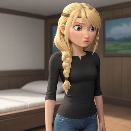 score_9_up, BREAK, ASTRIDHOFFERSON, 1girl, solo, blonde hair, braid, Long hair, blue eyes, black shirt, jeans, indoors, depth of field, <lora:AstridHofferson_HTTYD2_PXL_Leaf1:0.8>, cowboy shot,