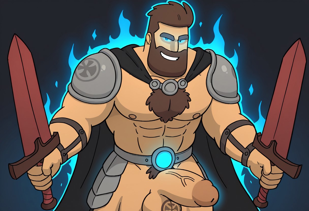 detailed background, detailed background, masterpiece, perfect quality, best quality, detailed, newest, very aesthetic, GrantRMA, blue glowing eyes, no pupils, facial hair, short hair, bara, solo, beard, brown hair, 1boy, male focus, pectorals, abs, muscular, chest hair, (((girthy penis, erect,))) balls, looking at viewer, dark background, blue glowing aura, evil smile, black cape, shoulder armor, holding two big red swords