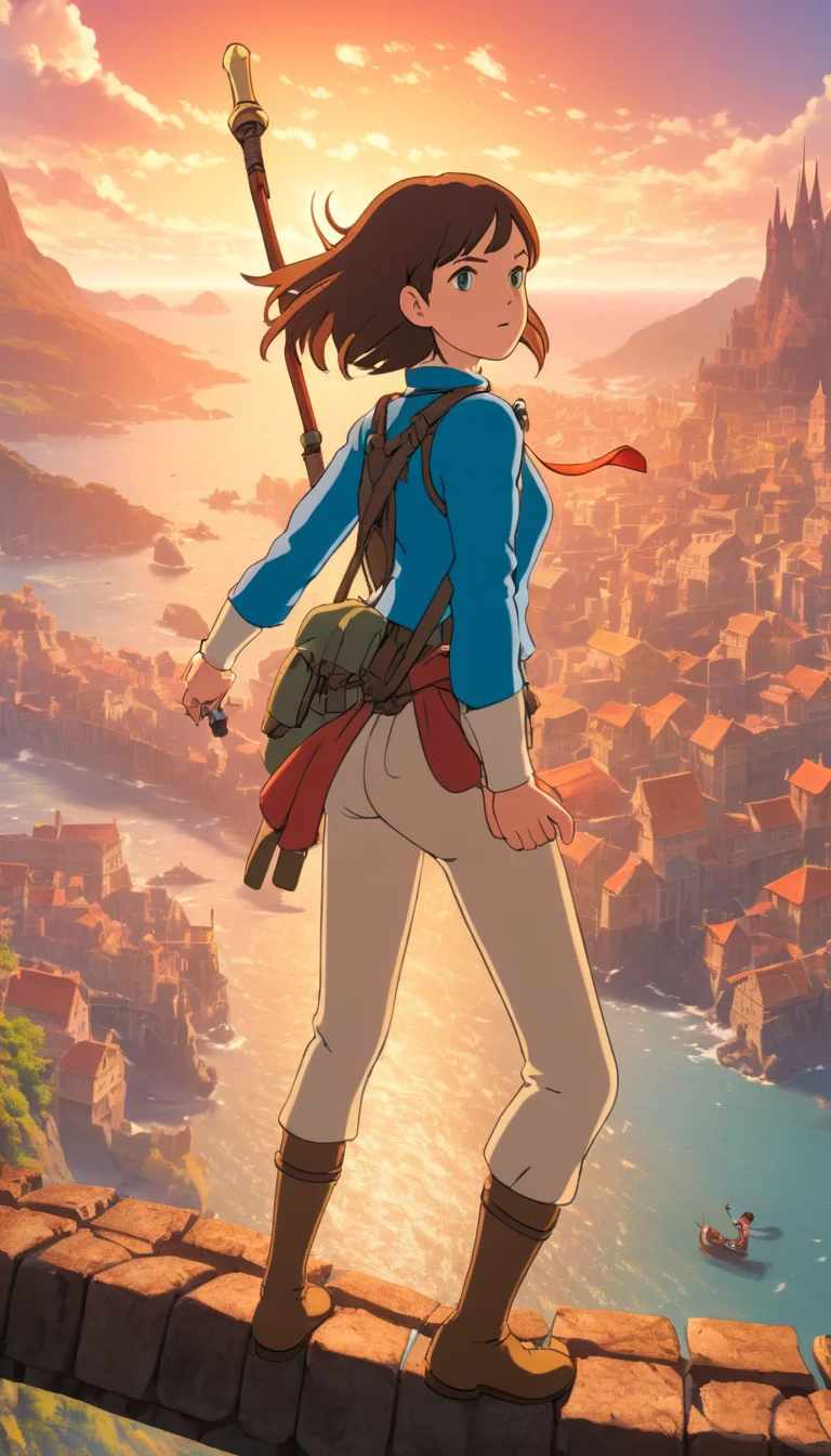 Stunning female adventurer, adventure, extremely beautiful piercing eyes, cinematic scene, hero view, action pose, scenery, detailed background, masterpiece, best quality, high quality, intricate, absurdres, very detailed, extremely high resolution, 8k, vivid, colorful, Studio Ghibli <lora:studio_ghibli_xl_v2:1>