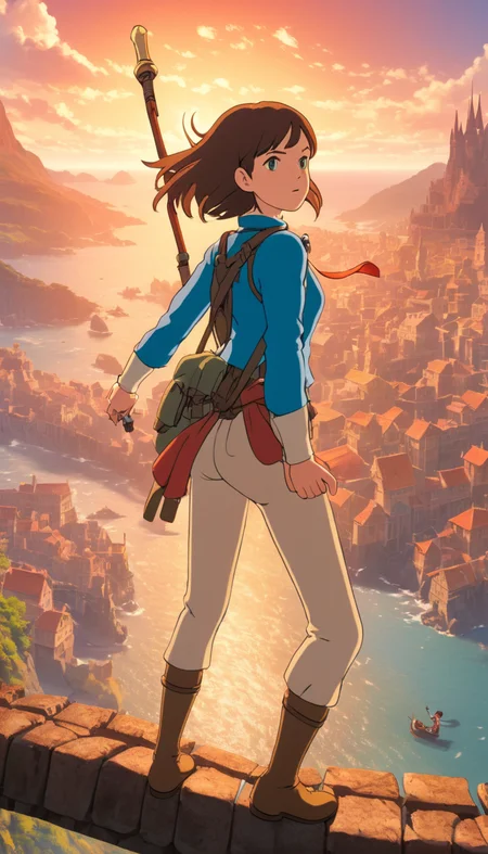 Stunning female adventurer, adventure, extremely beautiful piercing eyes, cinematic scene, hero view, action pose, scenery, detailed background, masterpiece, best quality, high quality, intricate, absurdres, very detailed, extremely high resolution, 8k, vivid, colorful, Studio Ghibli <lora:studio_ghibli_xl_v2:1>